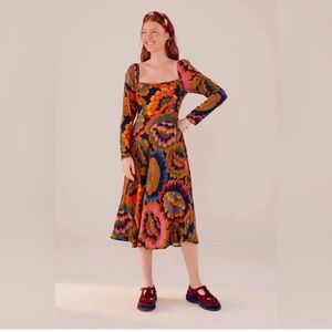 Farm Rio - long sleeve square neck midi dress - size XL